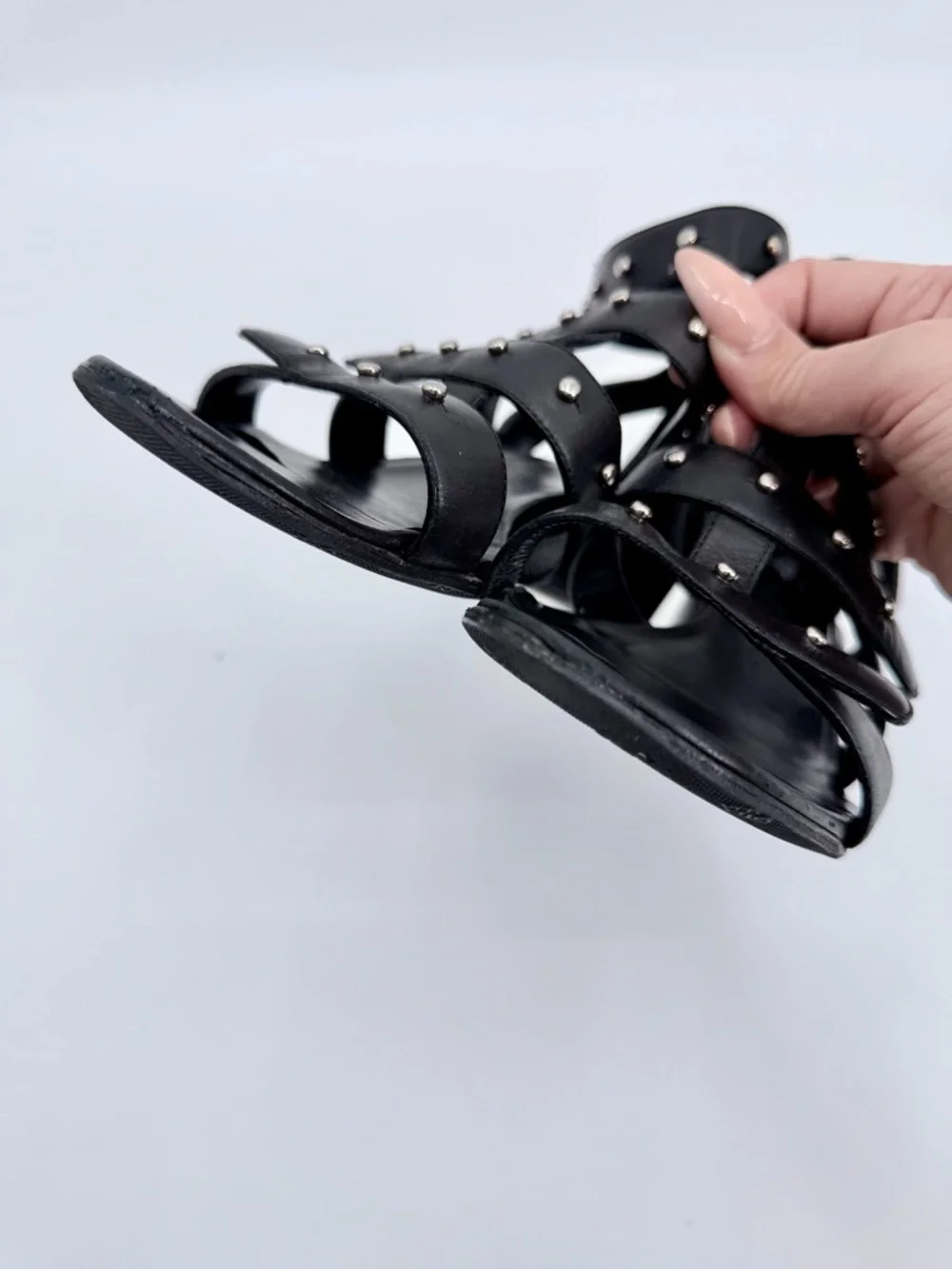GUCCI Sigourney Studded Leather Wedge Gladiator Sandals Black Size 40